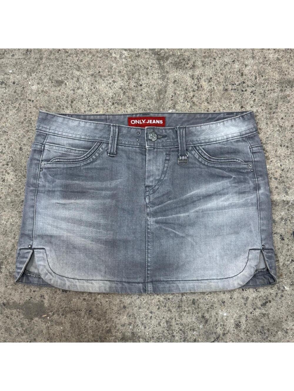 Vintage Y2K Denim Micro Mini Skirt Low Rise Grey Faded